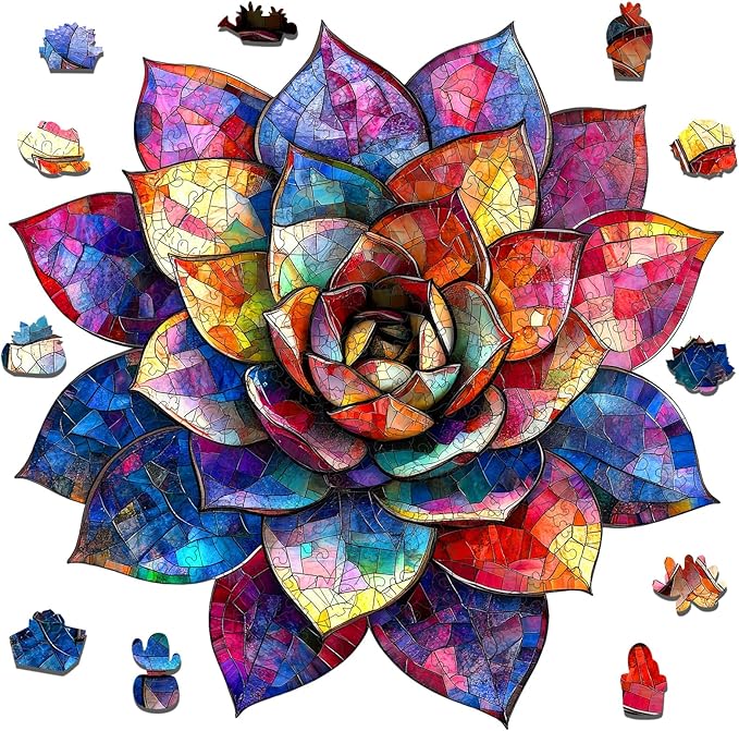 Delobil Wooden Puzzles for Adults 500 Pieces, Stained Glass Succulent Jigsaw Puzzles, Unique Shaped Plant Puzzle Gift for Kids, Family Puzzle Game, 16.5 x 16.3 Inches