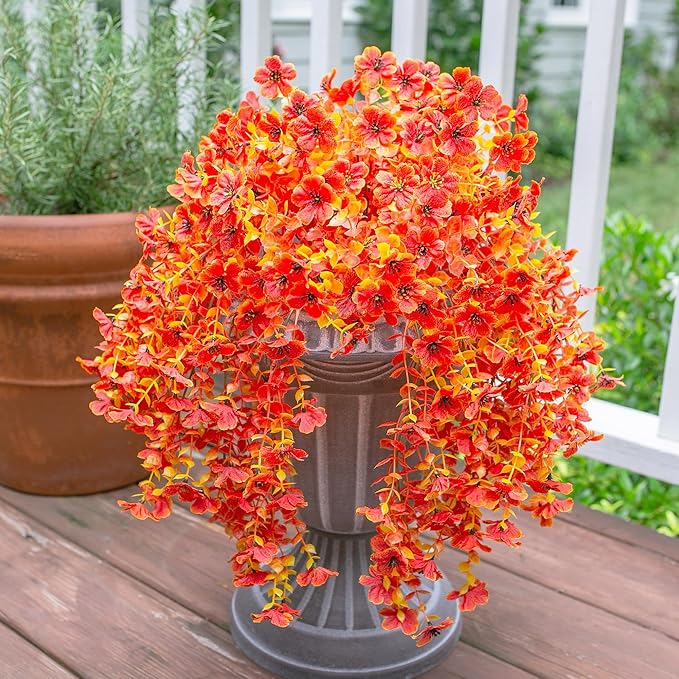 HyeFlora Fall Artificial Flowers for Outdoors Fake Silk Flower, 2Pcs Red Orange Daisy Autumn Decor, Realistic Hanging Decoration Plants, UV & Fading Resistant for Porch Patio Balcony Planter