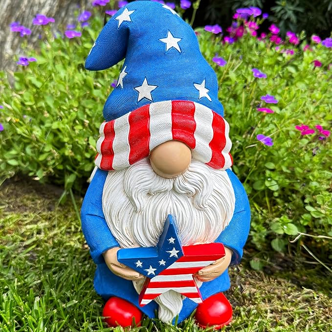 Mood Lab Garden Gnome - USA Patriotic Gnome Figurine - 9 Inch Tall Lawn Statue - for Outdoor or House Decor