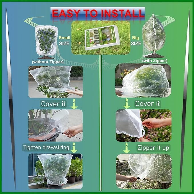 Fruit Tree Netting with Drawstring, 4 Pack 2.6x3.3 FT - Easy Install Plant Protection Cover, Reusable Garden Mesh Bag for Blueberry Bushes/Tomato - Block Birds/Insect/Squirrels