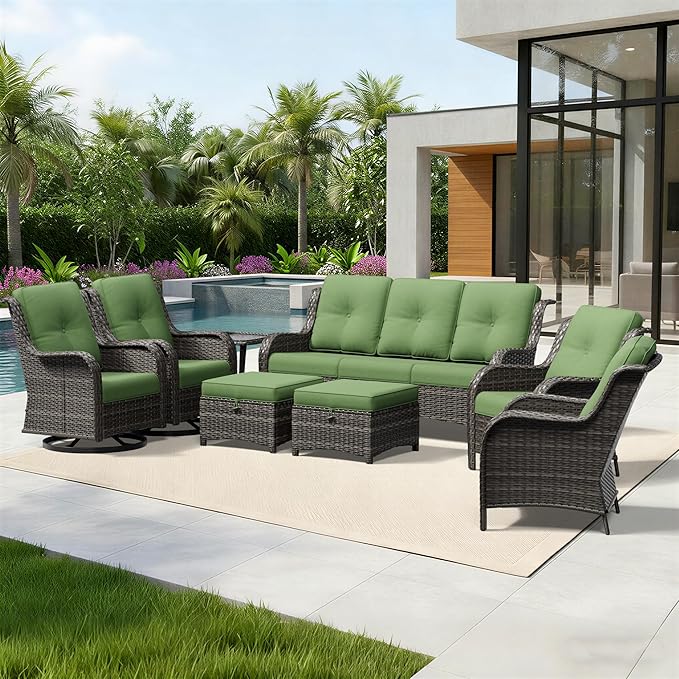 Joyside 8 Piece Wicker Patio Furniture Set, Outdoor Swivel Rocker Patio Chairs with High Back, Deep Seating, Wide Armrest, Thickened Cushions, Outdoor Furniture for Deck, Porch Use
