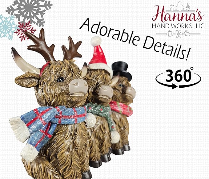 Scottish Holiday Highland Cows Trio with Christmas Accents | Resin Cows with Santa Hat & Antler Accents | Seasonal Xmas Decor for Centerpiece, Mantel, Kitchen, Dining Room, and More | 7 ½ inches tall