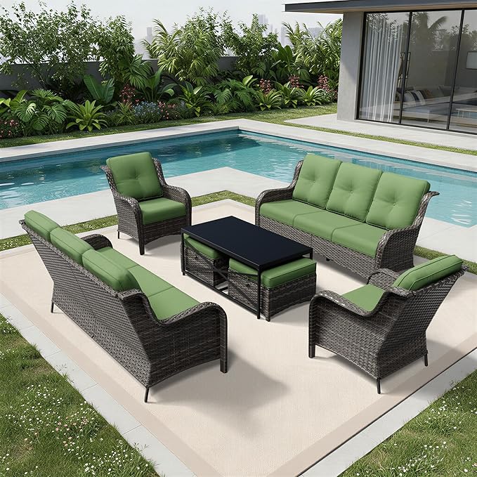 Joyside 7 Piece Wicker Patio Furniture Set, Rattan Patio Chairs with High Back, Deep Seating, Wide Armrest, Thickened Cushions, Outdoor Furniture for Deck, Porch Use