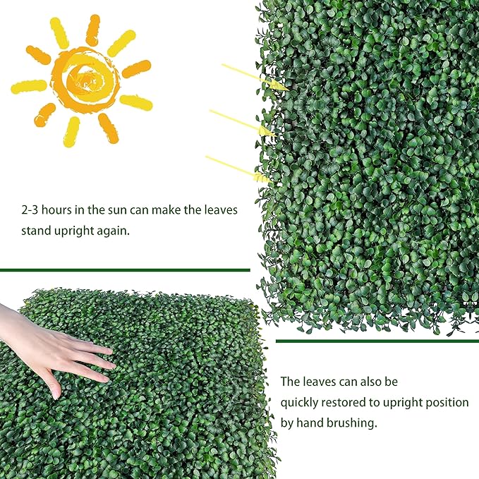 ODTORY Artificial Boxwood Hedge Wall Panels: 20 X 20 in 12P UV-Anti More Dense Greenery Grass Wall Backdrop Panels for Indoor Outdoor Green Home Decor & Ivy Fence Covering Privacy