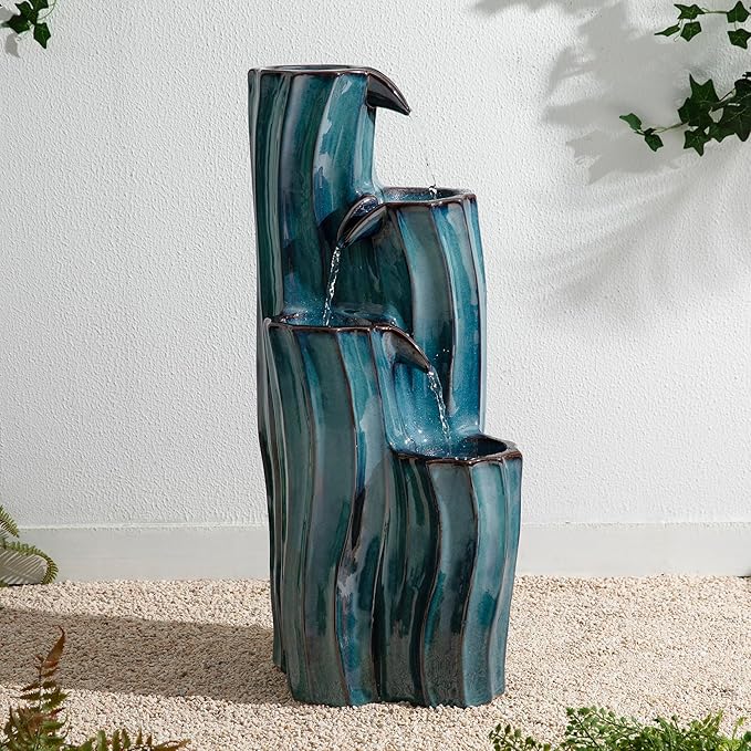 Glitzhome 30" Tall Outdoor Water Fountain with LED Light, Pump & Adapter, 4-Tier Turquoise Wavy Texture Ceramic Cascading Garden Fountains Waterfalls for Porch Deck Patio Backyard