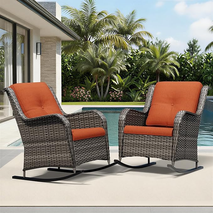 Joyside Outdoor Rocking Chairs Set of 2, Wicker Patio Furniture with High Back, Deep Seating, Wide Armrest, Thickened Cushions, Outdoor Rattan Furniture for Deck, Porch Use