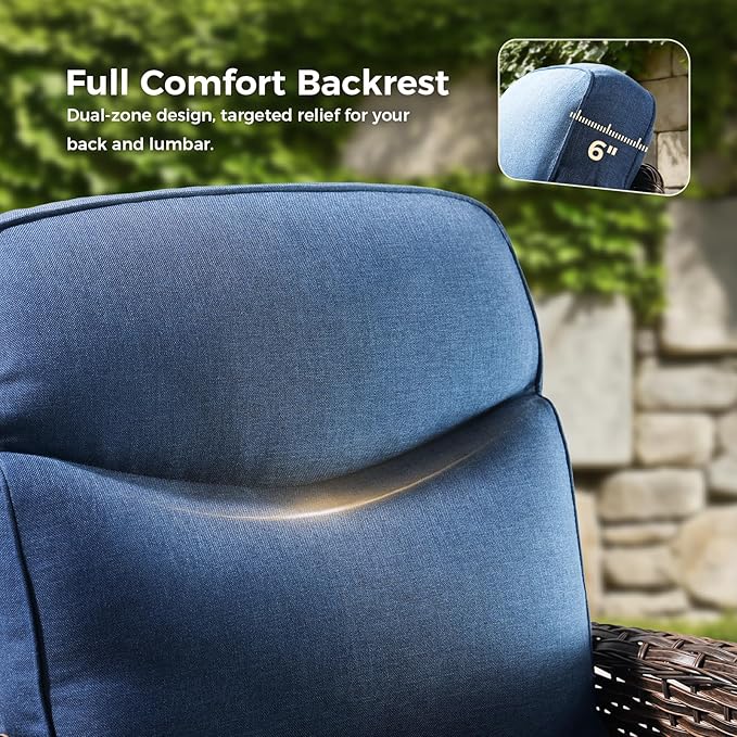 Luxury Patio Furniture Set with Fire Pit Table, Outdoor Furniture Set with High Back Swivel Chairs & 6-inch Thick Cushions, 7 PCS Fire Pit Patio Set for Yard, Deck, Poolside, Brown/Blue