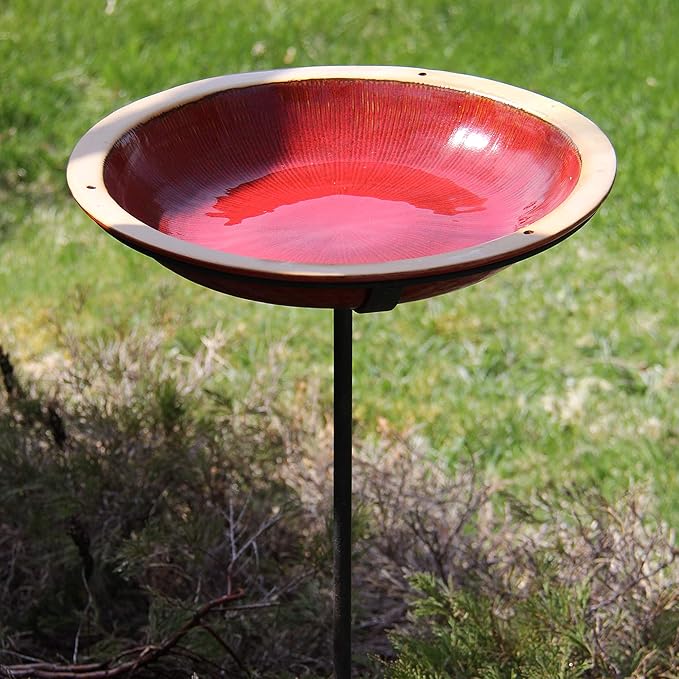 BYER OF MAINE Radial Post Bird Bath, Outdoor Garden and Patio Decor, Porcelain, Glaze Finish, Steel Mounting Post, Outside Bird Pond Fountain, 14"x14"x30", Autumn Red