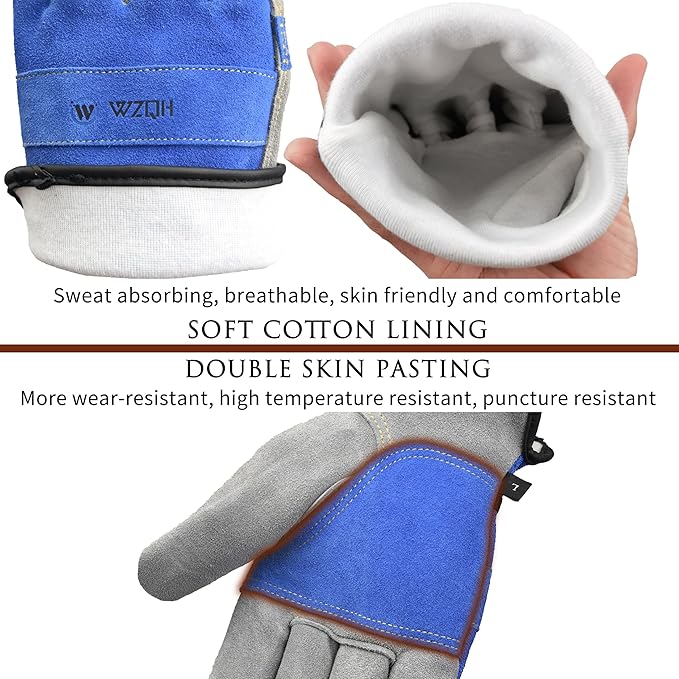 Leather Work Gloves for Men or Women. Small Glove for Gardening, Tig/Mig Welding, Construction, Chainsaw, Farm, Ranch, etc. Cowhide, Cotton Lined, Utility, Firm Grip, Durable. Blue-Grey S