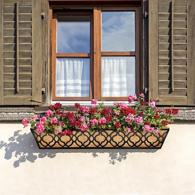 HFHOME 4 Pcs 30" Window Box Deck Railing Planter with Horse Trough Coco Liners, Black Metal Hanging Flower Planters Baskets for Indoor, Outdoor, Balcony, Porch, Fence, Patio, and Lawn
