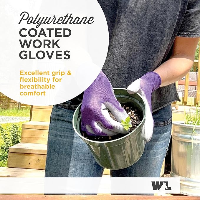 Wells Lamont Gardening Gloves for Women – Breathable Polyester, Seamless Fit – PU-Coated Palm for Grip & Durability – Elastic Wrist – Pink/Green/Purple