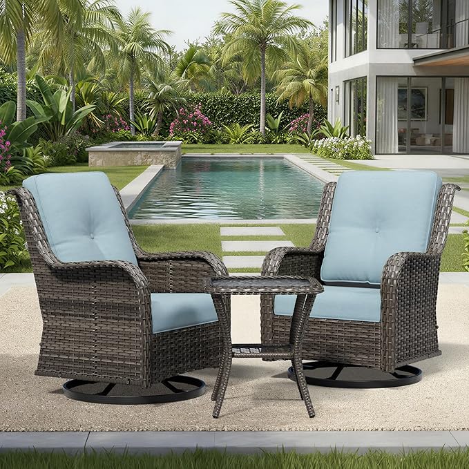 Joyside 3 Piece Wicker Patio Furniture Set, Outdoor Swivel Rocker Patio Chairs with High Back, Deep Seating, Wide Armrest, Thickened Cushions, Outdoor Furniture for Deck, Porch Use