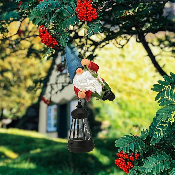 Solar Hanging Gnome Garden Statues Climbing Rope Gnome with LED Lantern Spring Outdoor Decor Tree Hugger Yard Porch Wall Fence Decoration Christmas Easter Birthday Gift for Mom Women