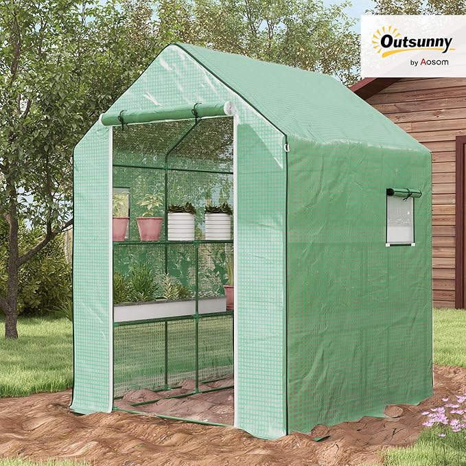 Outsunny 4.6' x 4.7' Portable Greenhouse, Water/UV Resistant Walk-in Small Outdoor Green House with 2 Tier U-Shaped Flower Rack Shelves, Roll Up Door & Windows, Green