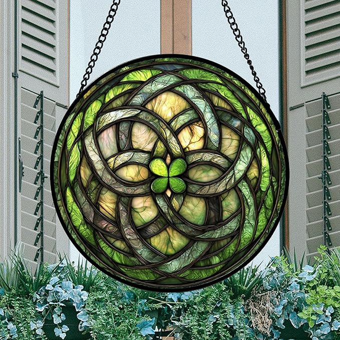 DASTOLL Stained Glass Window Hanging, Abstract Green Clover Sun Catchers Colorful Glass Panel Bless Suncatcher Decor for Birthday for Women, Men, Wife, Aunt, and Mom 14.9x14.9 in