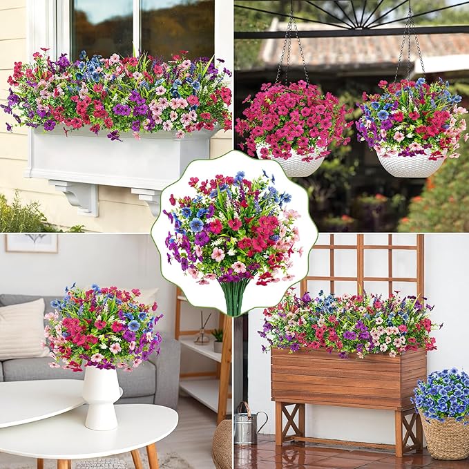 Besteek 20 Bundles Artificial Flowers for Outdoors Decoration Fake Silk Flowers UV Resistant Faux Plants Artificial Daisy Eucalyptus for Spring Summer Garden Yard Porch Window Home Decor, Mixed