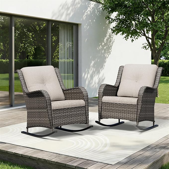 Patio Rocking Chairs Set of 2, Outdoor Wicker Patio Furniture Set 2 Pieces with Thickened Olefin Cushions, High Back and Deep Seating, Hand-Woven PE Rattan for Porch, Deck, Beige