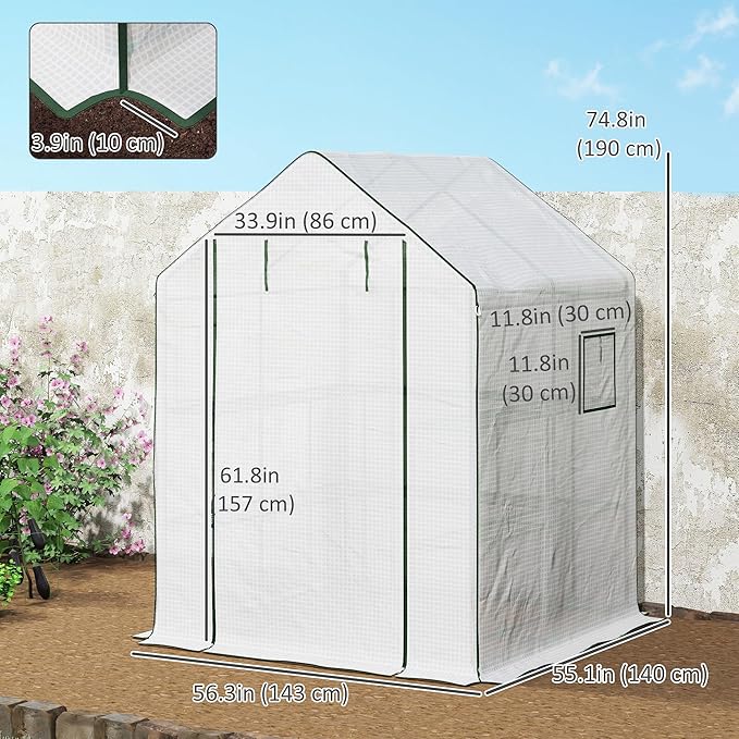 Outsunny 4.6' x 4.7' Portable Greenhouse, Water/UV Resistant Walk-in Small Outdoor Green House with 2 Tier U-Shaped Flower Rack Shelves, Roll Up Door & Windows, White