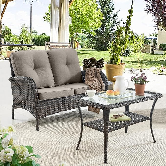 Belord 7 Piece Outdoor Patio Furniture Sets with Rocking Chairs, Wicker Loveseat Conversation Sets for Deck Patio Backyard Poolside, Grey Cushion