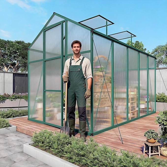 Greenhouse for Outdoors 6.1x10.1x7.2 FT, Polycarbonate Greenhouses with Roof Vent, Lockable Door and Ground Nails, Heavy-Duty Aluminum Walk-in Green House, Large Sunroom for Garden, Green