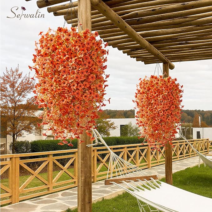 Serwalin 4PCS Artificial Mums for Outdoors, Realistic Silk Artificial Fall Flowers for Outside, Patio, Garden, Porch, Window（Fall Orange,4PCS