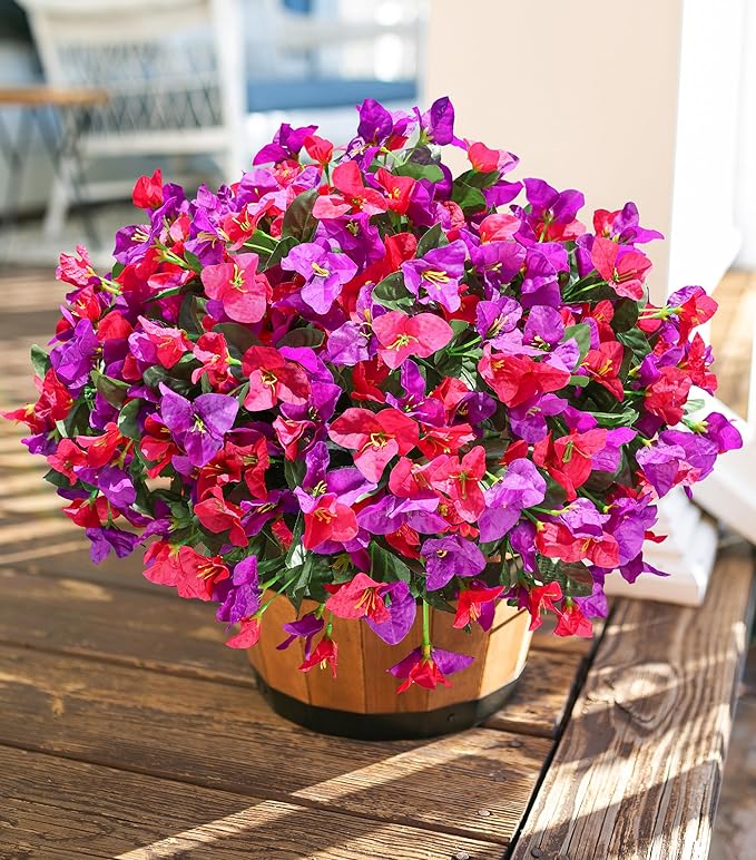 Ivydale Artificial Fake Flowers Faux Plants for Outdoors, 4 Bundles Fake Silk Bougainvillea Flower Look Real UV Resistant Flowers for Planter Patio Porch Window Yard Balcony Home Decor(PurpleHotpink)