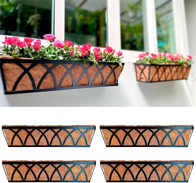 LaLaGreen Wall Planters (4 Pack, 36 Inch) Black Metal Rectangular Hanging Flower Box Window Boxes Planters with Coco Liner Rustic Flower Basket Plant Holder Deck Rail Railing Patio Large Balcony Fence