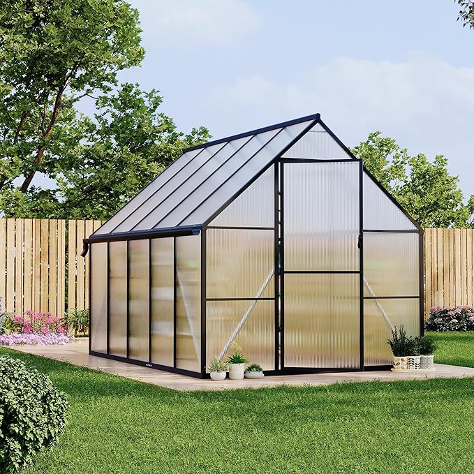 Polycarbonate Greenhouse for Outdoors, Large Walk-InGreenhouse with Quick Setup Structure and Roof Vent, Greenhouse with Ventilation and Rain Gutter