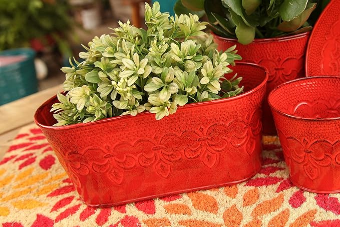 Robert Allen MPT01895 Fleur De Lis Series Metal Oval Planter Flower Pot, 10", Color Cayenne Red
