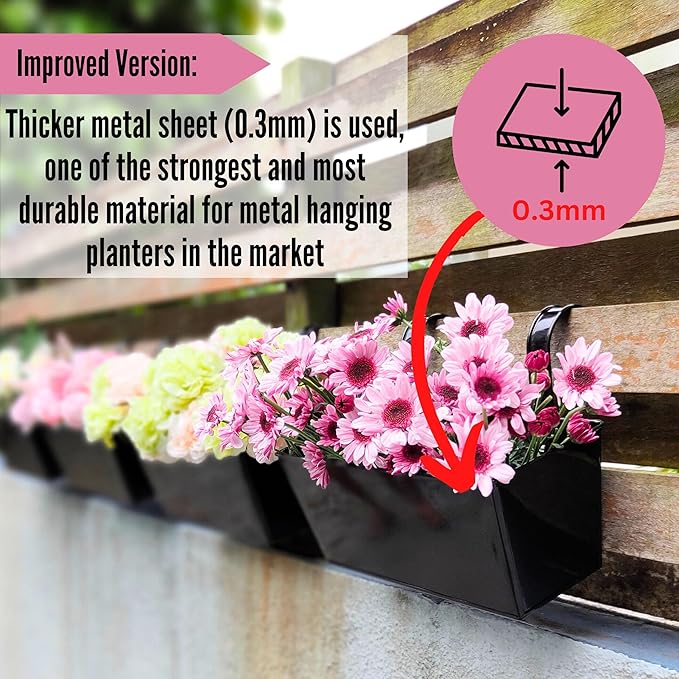LaLaGreen Rail Planter Box (4 Pack, 12 Inch) Black Metal Strawberry Outdoor Hanging Flower Bucket with Drainage Handle Hook, Rectangle Balcony Deck Fence Plant Holder Window Boxes Rustic Home Decors