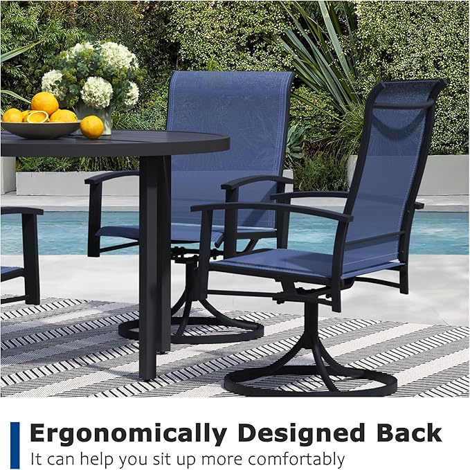 9 Pieces Outdoor Table and Chairs for 8, 60" Black Round Table with 8 Blue Swivel Chairs, Patio Set with Swivel Chair, Garden Tables for Outdoor, Patio Dining Set for Lawn Backyard Poolside