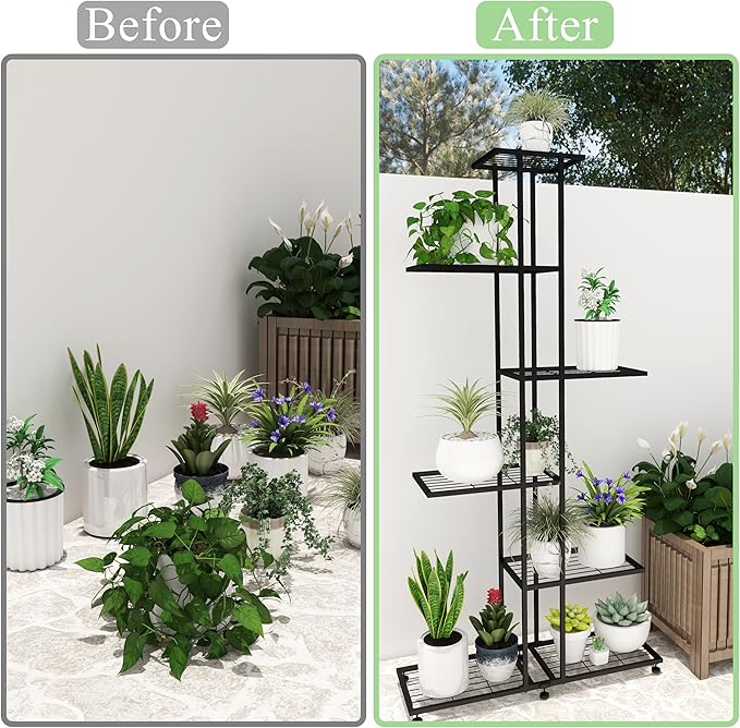 Plant Stand Indoor Outdoor Plant Stands for Patio 6 Tier Tall Plant Stand Metal Flower Shelf Multilayer Flower Holder Modern Black Corner Decoration Racks for Gardern,Balcony,Hallway (6-Tier)