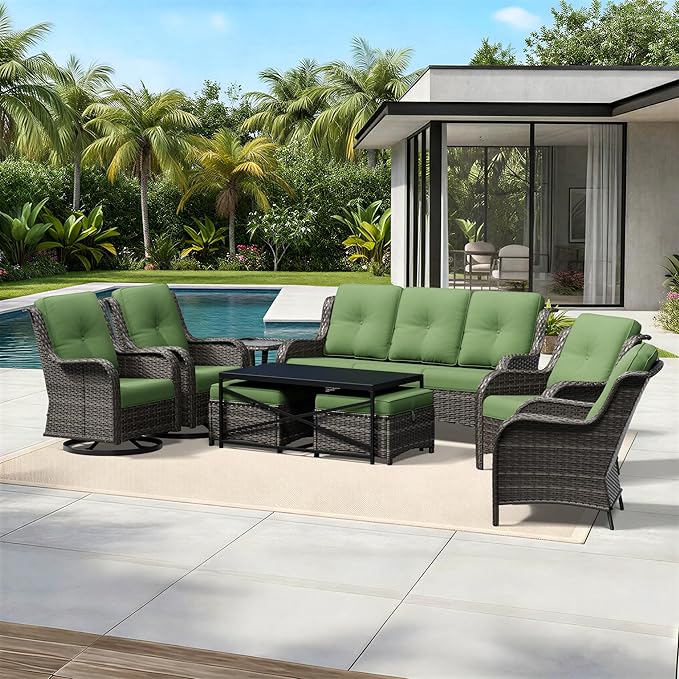 Joyside 9 Piece Wicker Patio Furniture Set, Outdoor Swivel Rocker Patio Chairs with High Back, Deep Seating, Wide Armrest, Thickened Cushions, Outdoor Furniture for Deck, Porch Use