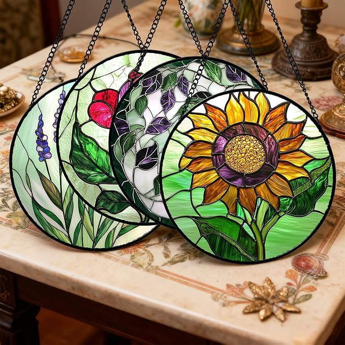 AMDERVEN Stained Glass Window Hanging 4 Pcs Set Red Roses Yellow Sunflowers 6.3" - Flower Suncatcher Door Garden Sun Catcher Decor Birthday Mother's Day for Mom Woman Nana Girl