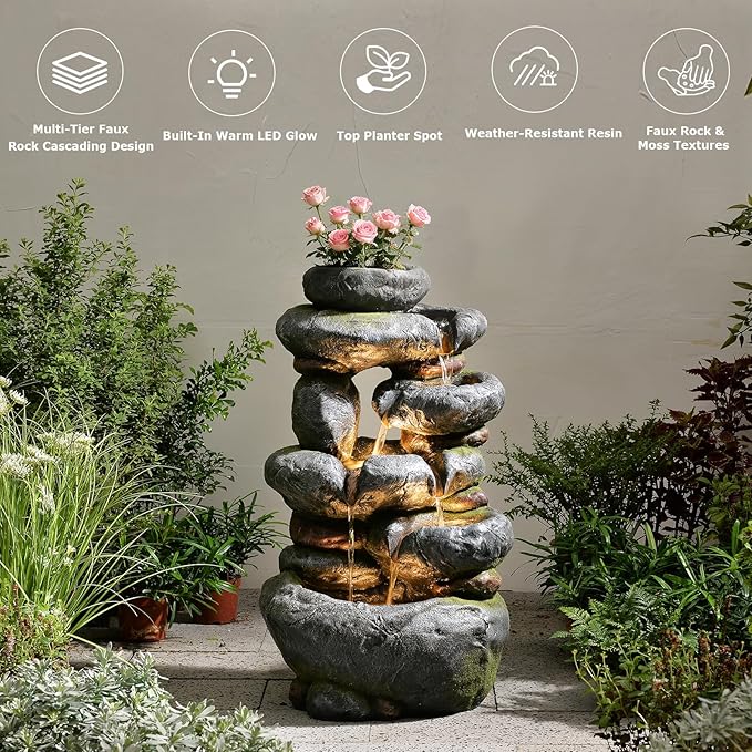 5-Tier Cascading Rock Water Fountain Outdoor, 29.5''Tall Outside Fountains and Waterfalls with Lights for Garden, Patio, Yard, Deck Home Decor with Natural Stone Look
