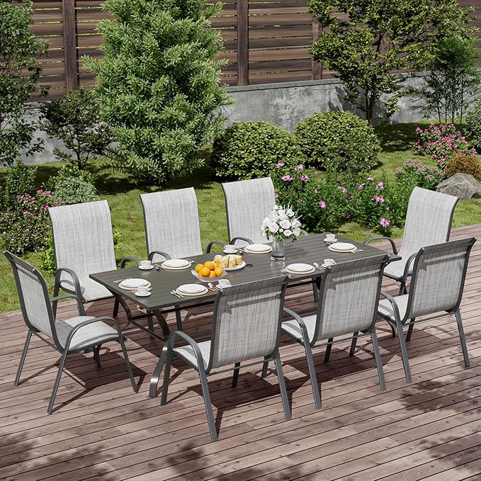 Patio Dining Chairs Set of 8, Outdoor High Stacking Chairs，Breathable Seat Fabric and Alloy Steel Frame for Backyard, Porch, Garden, Sunroom (Light Grey)