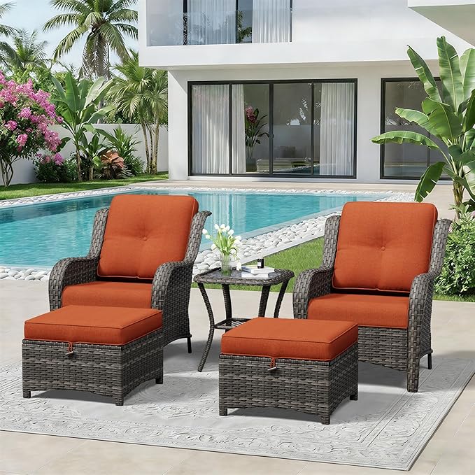 5 Piece Outdoor Wicker Patio Furniture Set, Patio Chairs Set with Thickened Olefin Cushions, High Back and Deep Seating, Hand-Woven PE Rattan, Ottoman for Porch, Deck