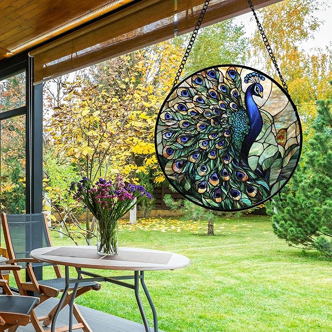 DASTOLL Stained Glass Window Hanging, Blue Green Peacock Decor Suncatcher for Door Garden Home Decoration Bird Sun Catchers Christmas Mother's Day Birthday Gifts for Women Men Mom Nana Friend 6.3 in