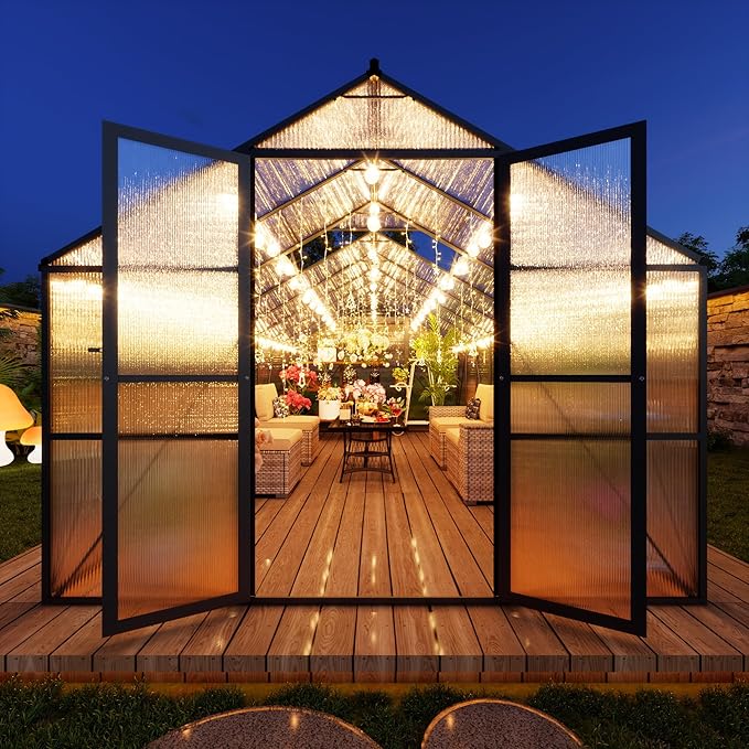 8X12 FT Polycarbonate Greenhouse, 6 FT Height Large Walk in Greenhouse with Roof Vent and Rain Gutter, Large Heavy Duty Aluminum Greenhouses with Swing Lockable Door for Outdoor, Black