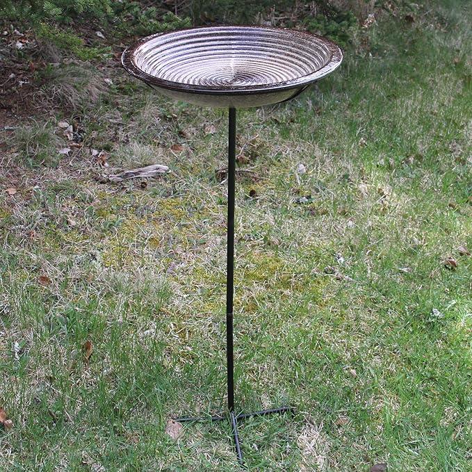 BYER OF MAINE Circles Post Bird Bath, Outdoor Garden and Patio Decor, Porcelain, Glaze Finish, Steel Mounting Post, Outside Bird Pond Fountain, 14"x14"x30", Granite