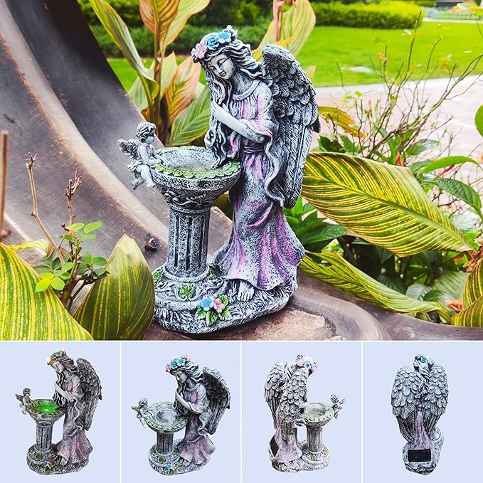 Evursua Garden Angel Decor 12 Inch Solar Fairy Outdoor Statue with Fountain Light Color Changing, Solar Lights Yard Decoration for Front Porch Flowerpot Patio Ornaments, Home Decor Gifts for New Year