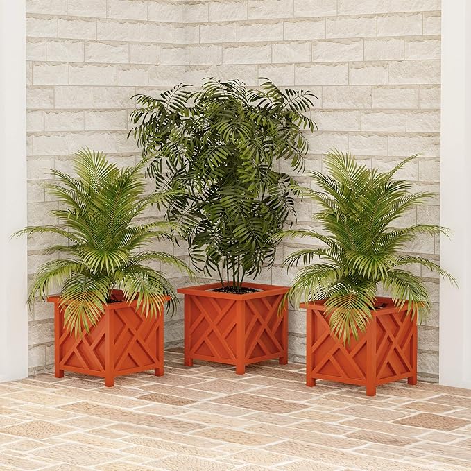 Lattice Design Planter Box - 14.75-Inch-Square Decorative Outdoor Flower or Plant Pot - Front Porch, Patio, and Garden Decor by Pure Garden (Terracotta)