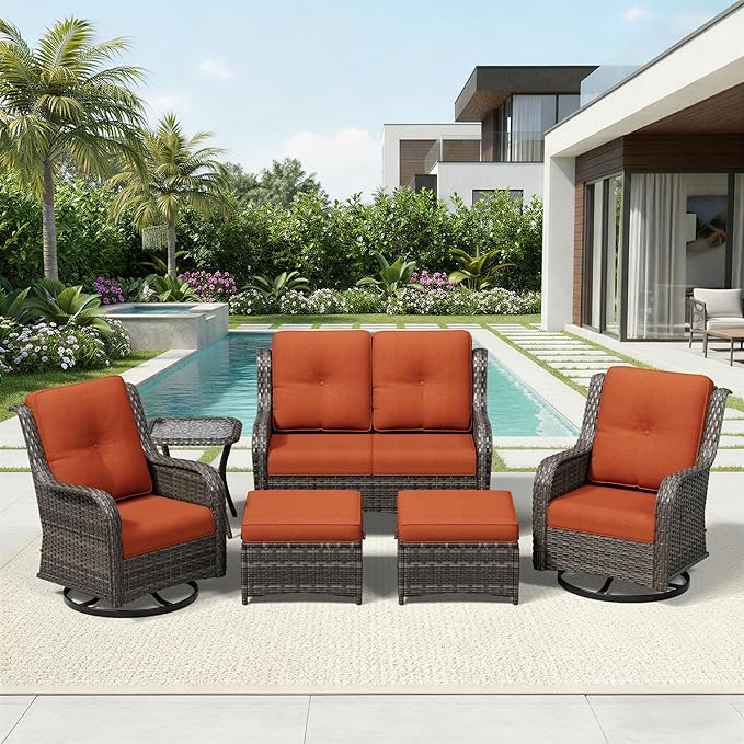 Joyside 6 Piece Wicker Patio Furniture Set, Outdoor Swivel Rocker Patio Chairs with High Back, Deep Seating, Wide Armrest, Thickened Cushions, Outdoor Furniture for Deck, Porch Use