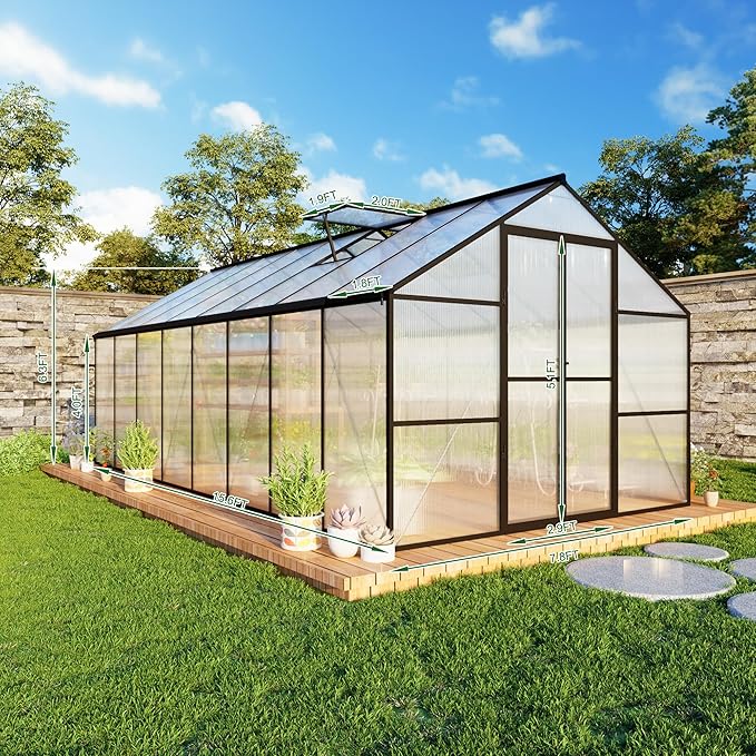 8X16 FT Large Greenhouses, 6 FT Height Aluminum Walk in Greenhouse with 2 Roof Vent, Quick Setup Polycarbonate Greenhouse with Rain Gutter for Outdoor Backyard Garden, Black