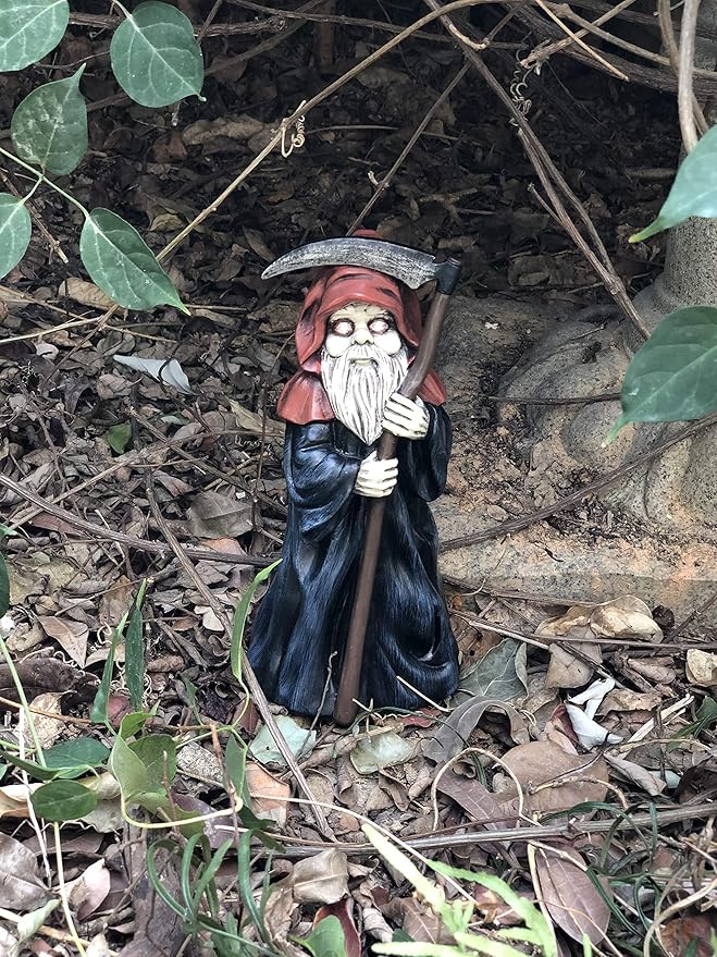 Garden gnome Reaper Statue - Evil Gnome Scary Gnome for Lawn Ornaments, Indoor or Outdoor Decorations, Halloween Decoration - 8.5 Inch Tall