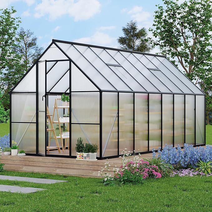 Polycarbonate Greenhouse for Outdoors, Large Walk-InGreenhouse with Quick Setup Structure and Roof Vent, Greenhouse with Ventilation and Rain Gutter