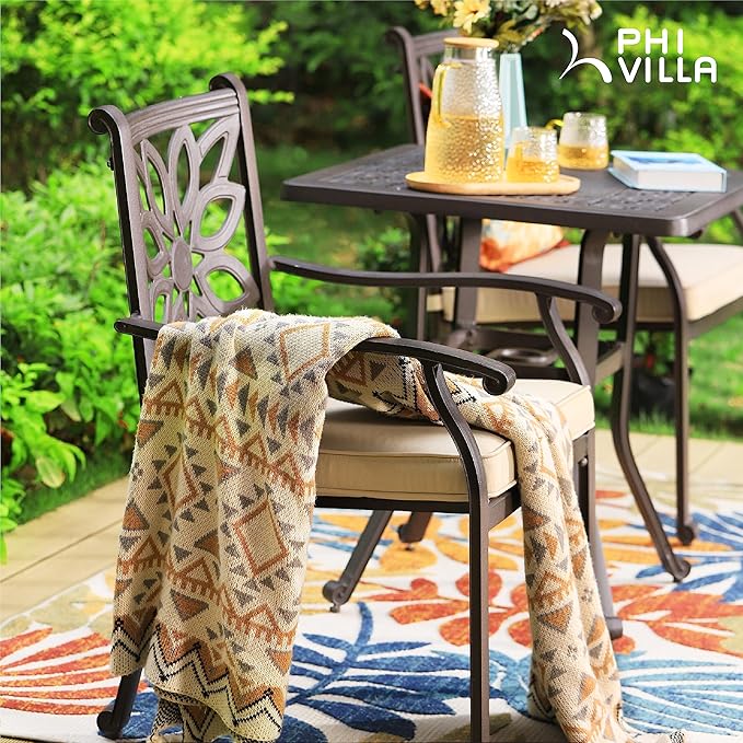 PHI VILLA Cast Aluminum Outdoor Patio Dining Chairs, Extra Wide Armrest Stable Chairs with Seat Cushion, Casting Aluminum Back for All Weather, Set of 4