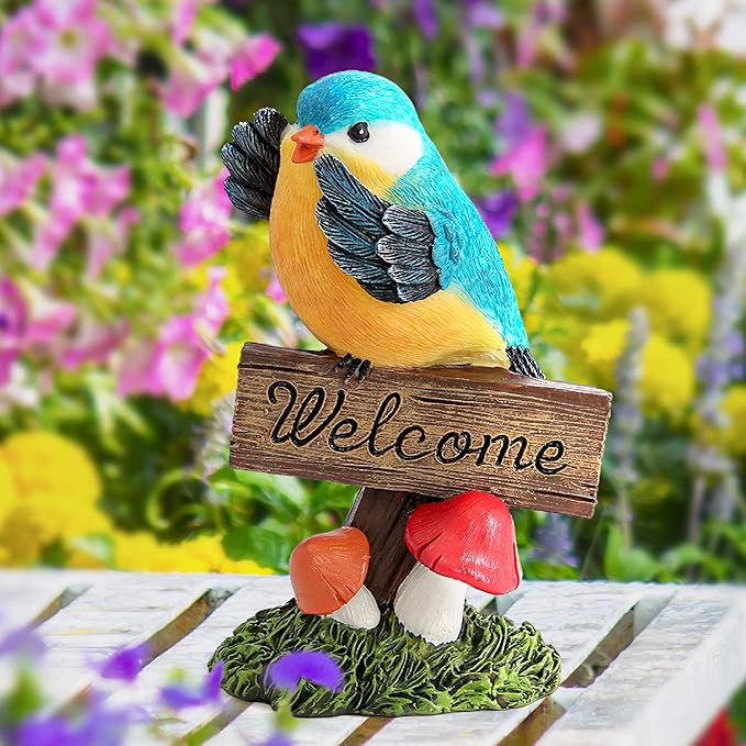 Bird Decor for Garden Statues,Bird Figurines Welcome Sign for Outdoor Decorations,Birds Decorative Outdoor Statue for Garden Patio Yard Lawn Home Shelf Decor,Gardening Gifts for Birds Lovers Women