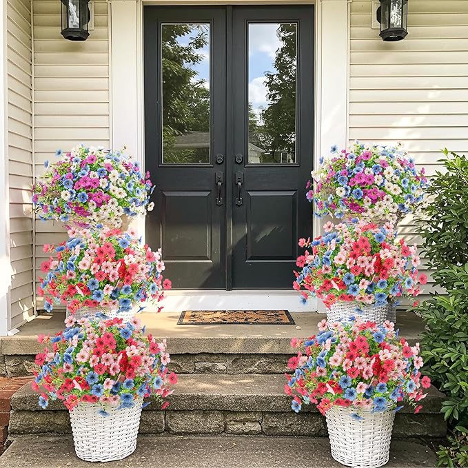 Artificial Spring Flowers Outdoors UV Resistant Plastic Flowers Outdoors Faux Flowers Fake Plants Outside for Garden Porch Planters Silk Flowers Daisy Decor, 6 Bundles (Mix Rose Red Blue Pink)
