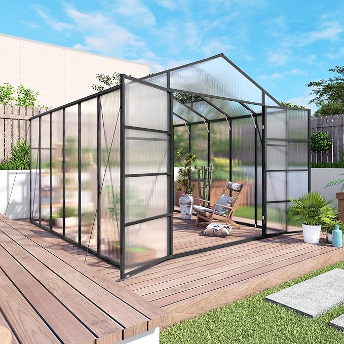 10x12T Greenhouse,Outdoor Polycarbonate Greenhouse with Roof Vent & Integrated Gutters,Aluminum Large Walk-in Green House W/ Reinforced Frame for Outside Garden Backyard,Black